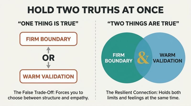 A split-panel diagram contrasting the combative "One Thing is True" mindset as a forced choice between boundaries and feelings, with the "Two Things are True" mindset showing them intersecting seamlessly.
