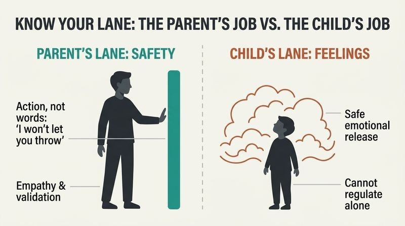 A split-panel diagram separating parent safety and boundaries on the left from child feelings and expression on the right.