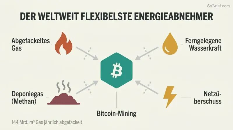 Hub-spoke diagram showing a central Bitcoin mining node absorbing energy from four surrounding stranded sources: flared gas, remote hydro, landfill methane, and grid surplus.