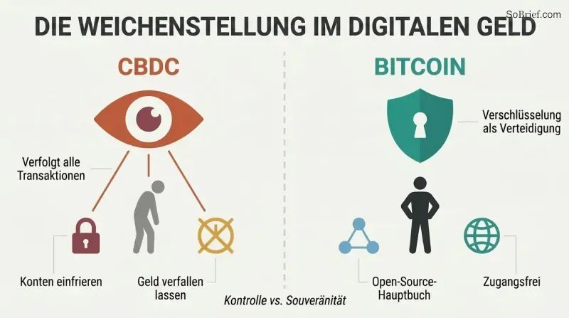 Split panel comparing CBDC surveillance with an eye monitoring transactions against Bitcoin privacy with an encrypted shield protecting a person silhouette.