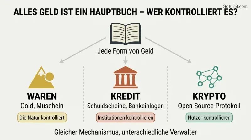 Three columns branching from a central ledger concept show commodity money controlled by nature, credit money controlled by institutions, and cryptocurrency controlled by users and code.