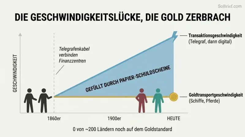 Two diverging lines from the 1860s show telegraph transaction speed rocketing upward while gold transport speed stays flat, with the widening gap labeled as filled by paper IOUs.