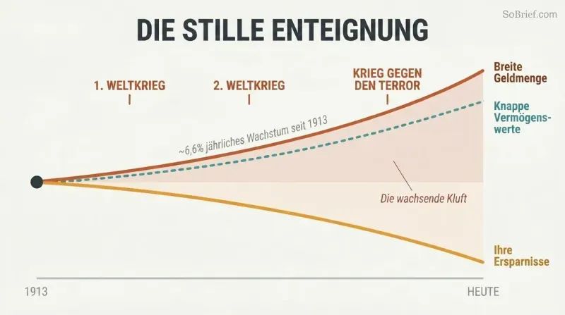 Diverging line chart showing broad money supply rising and savings purchasing power falling over time, with war and bailout events as catalysts along the timeline.