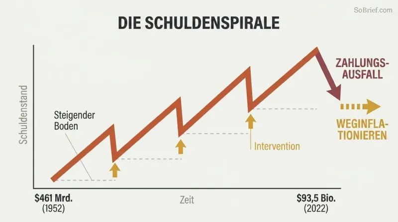 Rising sawtooth debt line ratcheting upward over seven decades, with each dip rescued by intervention, culminating in a fork between default and inflation.