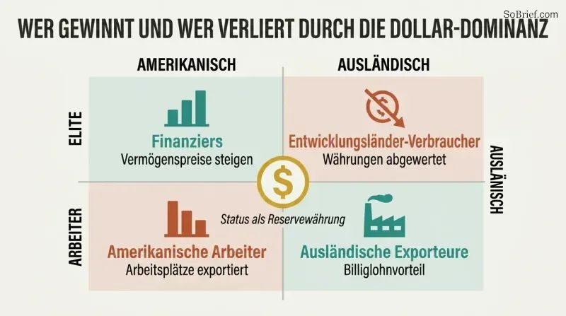 Two-by-two matrix crossing American versus Foreign with Elite versus Worker, showing financiers and exporters winning while workers and developing-country consumers lose from reserve currency status.