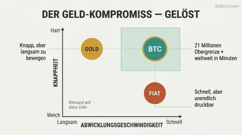 Two-axis chart plotting gold, digital fiat, and Bitcoin by scarcity and settlement speed, showing Bitcoin uniquely occupying the high-scarcity, high-speed position.