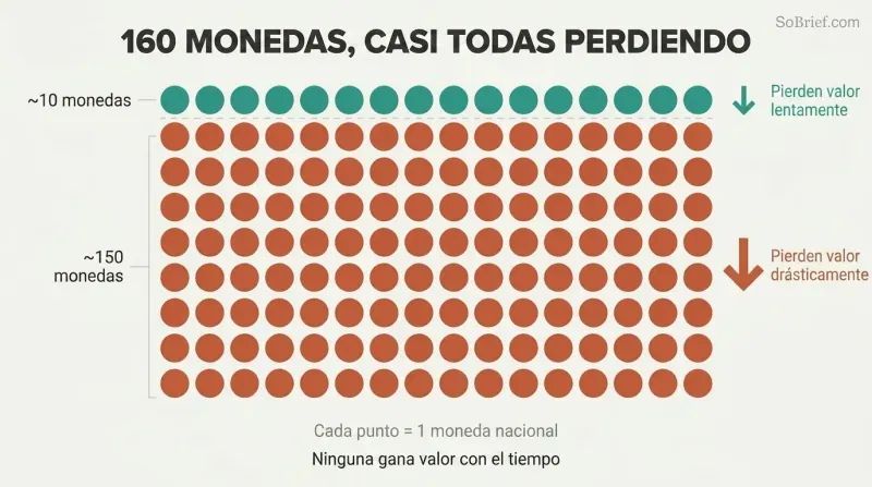 Proportional dot grid showing roughly 160 currency dots where a tiny cluster is teal for slow value loss and the vast majority are terracotta for sharp devaluation.
