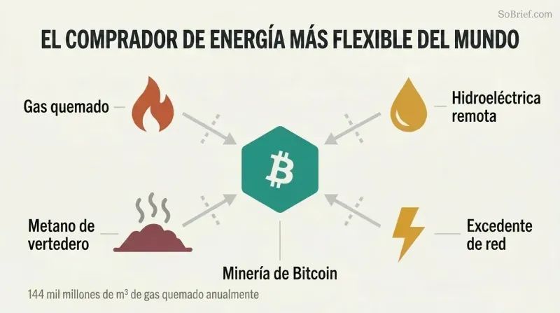 Hub-spoke diagram showing a central Bitcoin mining node absorbing energy from four surrounding stranded sources: flared gas, remote hydro, landfill methane, and grid surplus.