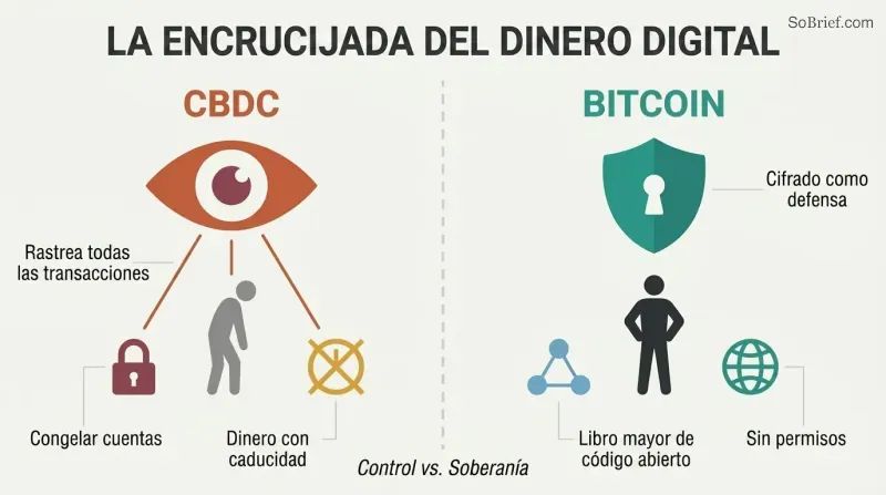 Split panel comparing CBDC surveillance with an eye monitoring transactions against Bitcoin privacy with an encrypted shield protecting a person silhouette.