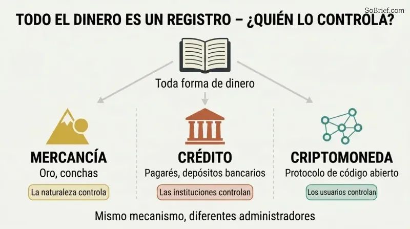 Three columns branching from a central ledger concept show commodity money controlled by nature, credit money controlled by institutions, and cryptocurrency controlled by users and code.
