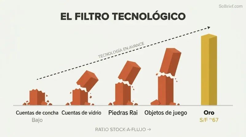 Five pillars of increasing height represent different monies' stock-to-flow ratios, with four broken by a rising technology threshold line and only gold standing intact.