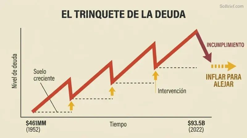 Rising sawtooth debt line ratcheting upward over seven decades, with each dip rescued by intervention, culminating in a fork between default and inflation.
