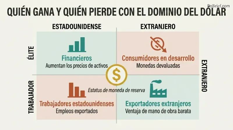 Two-by-two matrix crossing American versus Foreign with Elite versus Worker, showing financiers and exporters winning while workers and developing-country consumers lose from reserve currency status.