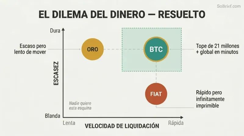 Two-axis chart plotting gold, digital fiat, and Bitcoin by scarcity and settlement speed, showing Bitcoin uniquely occupying the high-scarcity, high-speed position.