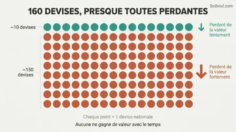 Proportional dot grid showing roughly 160 currency dots where a tiny cluster is teal for slow value loss and the vast majority are terracotta for sharp devaluation.