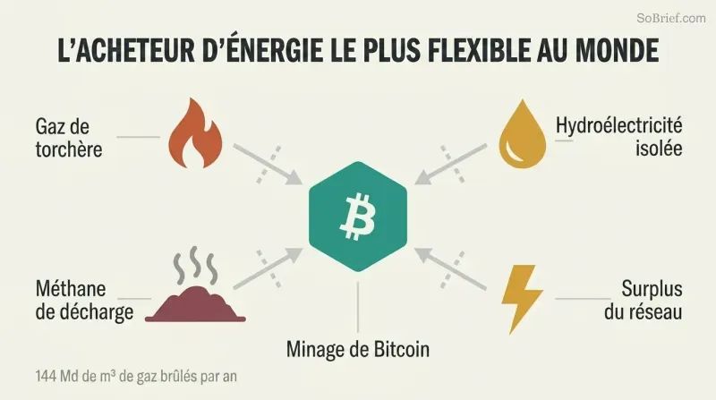 Hub-spoke diagram showing a central Bitcoin mining node absorbing energy from four surrounding stranded sources: flared gas, remote hydro, landfill methane, and grid surplus.