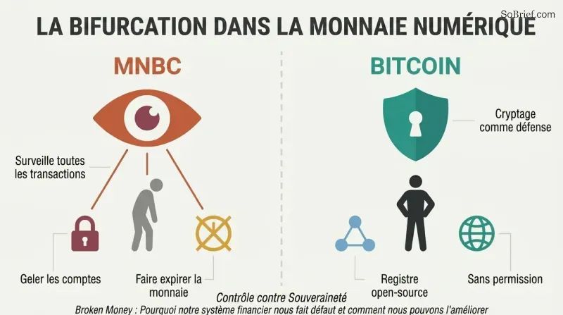 Split panel comparing CBDC surveillance with an eye monitoring transactions against Bitcoin privacy with an encrypted shield protecting a person silhouette.