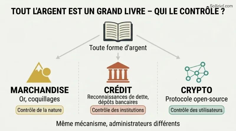 Three columns branching from a central ledger concept show commodity money controlled by nature, credit money controlled by institutions, and cryptocurrency controlled by users and code.