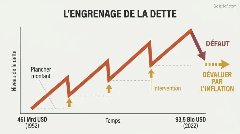 Rising sawtooth debt line ratcheting upward over seven decades, with each dip rescued by intervention, culminating in a fork between default and inflation.