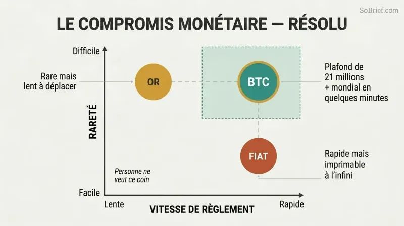 Two-axis chart plotting gold, digital fiat, and Bitcoin by scarcity and settlement speed, showing Bitcoin uniquely occupying the high-scarcity, high-speed position.