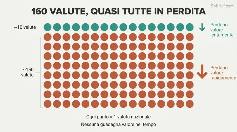 Proportional dot grid showing roughly 160 currency dots where a tiny cluster is teal for slow value loss and the vast majority are terracotta for sharp devaluation.