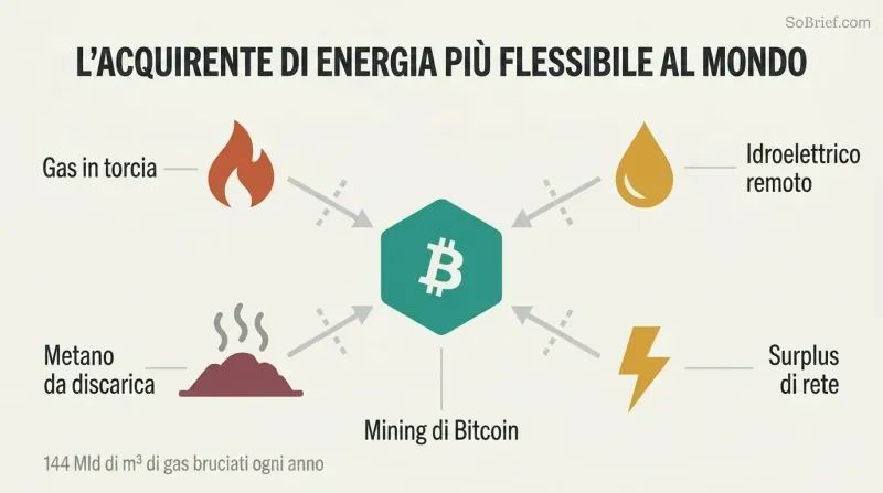 Hub-spoke diagram showing a central Bitcoin mining node absorbing energy from four surrounding stranded sources: flared gas, remote hydro, landfill methane, and grid surplus.