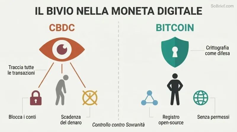 Split panel comparing CBDC surveillance with an eye monitoring transactions against Bitcoin privacy with an encrypted shield protecting a person silhouette.