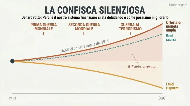 Diverging line chart showing broad money supply rising and savings purchasing power falling over time, with war and bailout events as catalysts along the timeline.