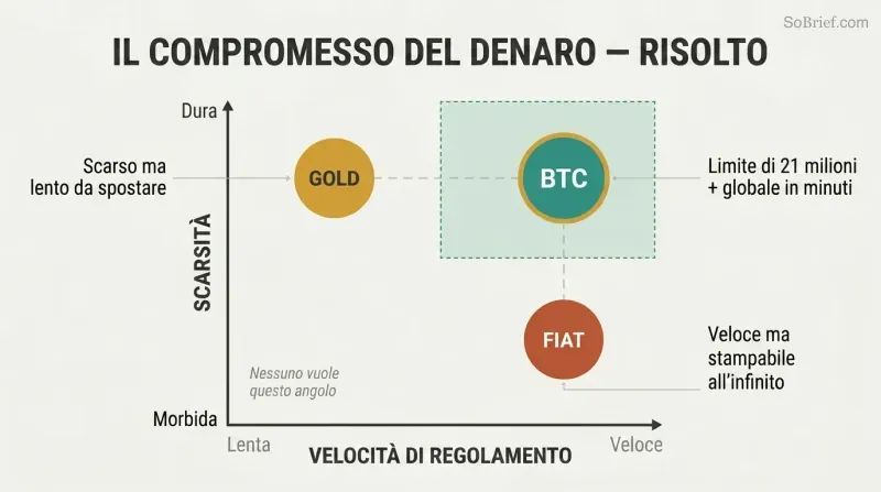 Two-axis chart plotting gold, digital fiat, and Bitcoin by scarcity and settlement speed, showing Bitcoin uniquely occupying the high-scarcity, high-speed position.