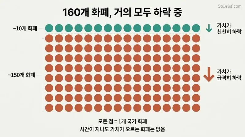 Proportional dot grid showing roughly 160 currency dots where a tiny cluster is teal for slow value loss and the vast majority are terracotta for sharp devaluation.