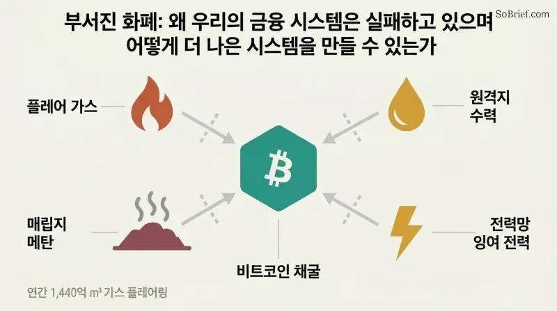 Hub-spoke diagram showing a central Bitcoin mining node absorbing energy from four surrounding stranded sources: flared gas, remote hydro, landfill methane, and grid surplus.