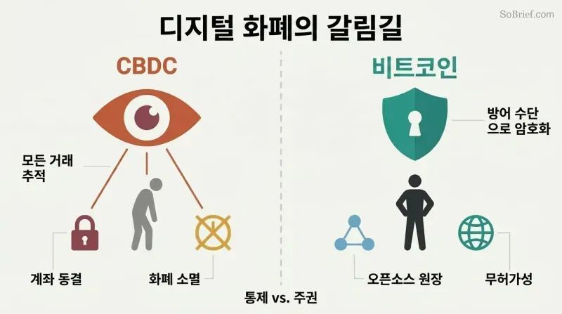 Split panel comparing CBDC surveillance with an eye monitoring transactions against Bitcoin privacy with an encrypted shield protecting a person silhouette.