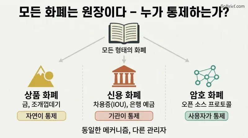 Three columns branching from a central ledger concept show commodity money controlled by nature, credit money controlled by institutions, and cryptocurrency controlled by users and code.