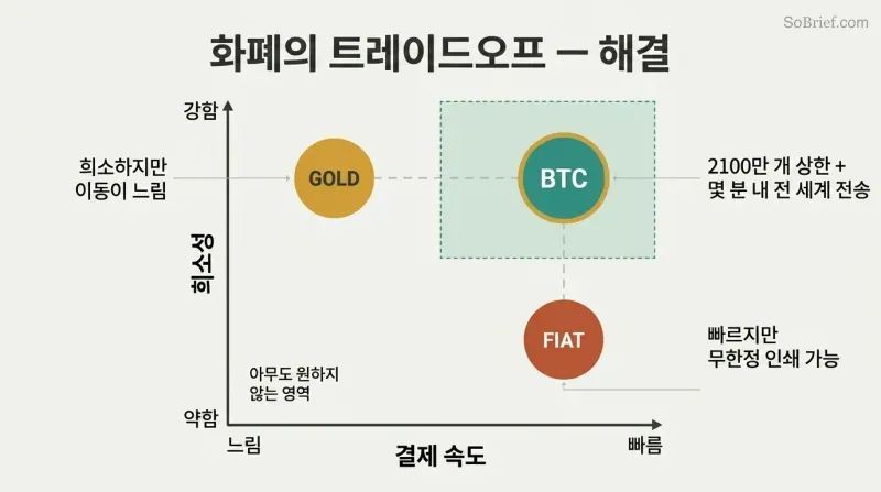 Two-axis chart plotting gold, digital fiat, and Bitcoin by scarcity and settlement speed, showing Bitcoin uniquely occupying the high-scarcity, high-speed position.