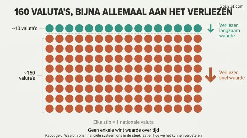Proportional dot grid showing roughly 160 currency dots where a tiny cluster is teal for slow value loss and the vast majority are terracotta for sharp devaluation.