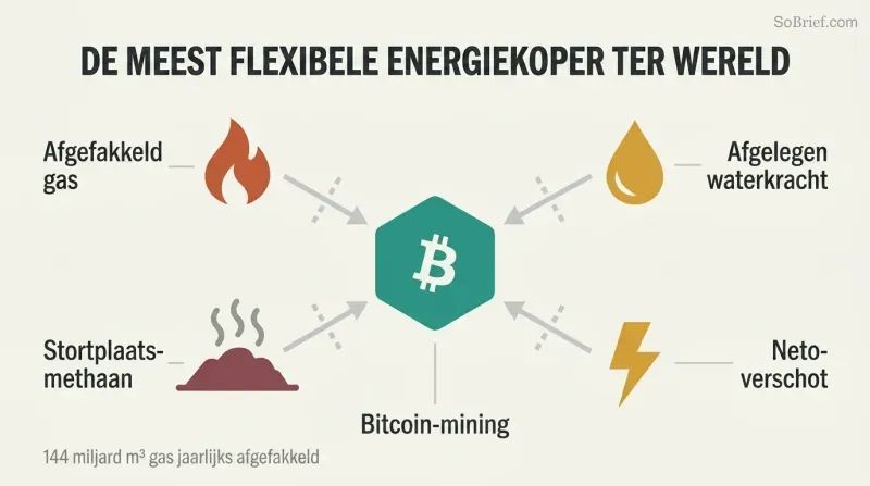 Hub-spoke diagram showing a central Bitcoin mining node absorbing energy from four surrounding stranded sources: flared gas, remote hydro, landfill methane, and grid surplus.
