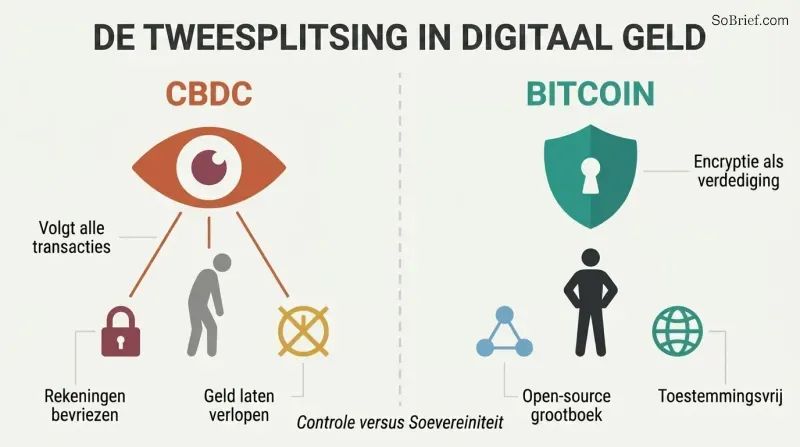 Split panel comparing CBDC surveillance with an eye monitoring transactions against Bitcoin privacy with an encrypted shield protecting a person silhouette.