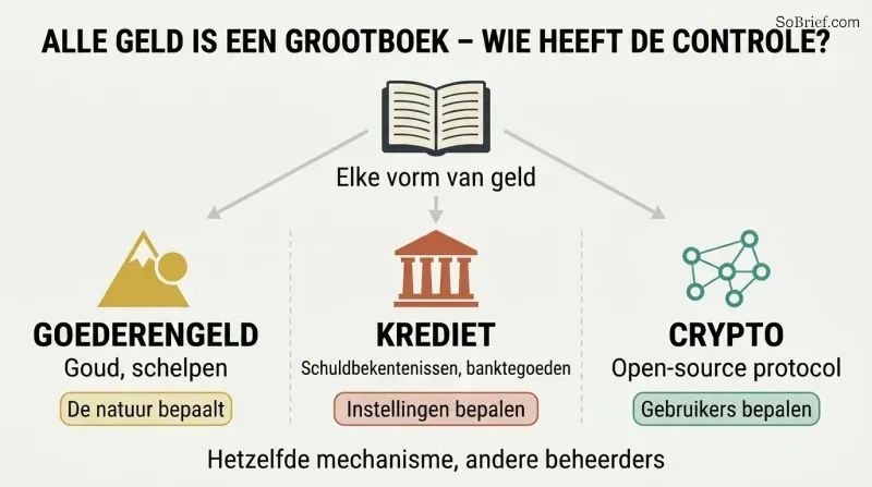 Three columns branching from a central ledger concept show commodity money controlled by nature, credit money controlled by institutions, and cryptocurrency controlled by users and code.