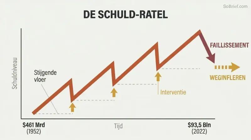 Rising sawtooth debt line ratcheting upward over seven decades, with each dip rescued by intervention, culminating in a fork between default and inflation.