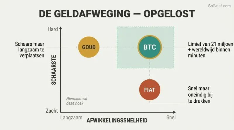 Two-axis chart plotting gold, digital fiat, and Bitcoin by scarcity and settlement speed, showing Bitcoin uniquely occupying the high-scarcity, high-speed position.