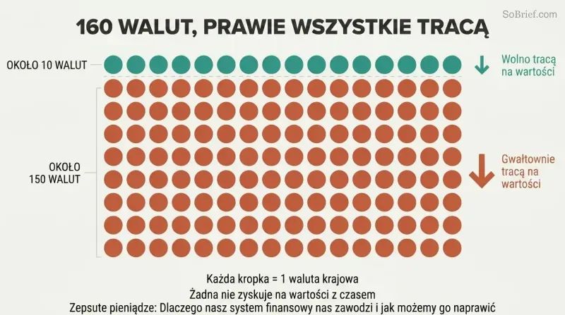 Proportional dot grid showing roughly 160 currency dots where a tiny cluster is teal for slow value loss and the vast majority are terracotta for sharp devaluation.