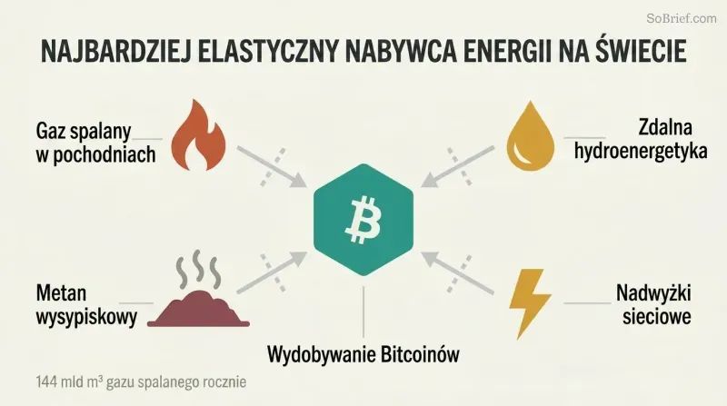 Hub-spoke diagram showing a central Bitcoin mining node absorbing energy from four surrounding stranded sources: flared gas, remote hydro, landfill methane, and grid surplus.