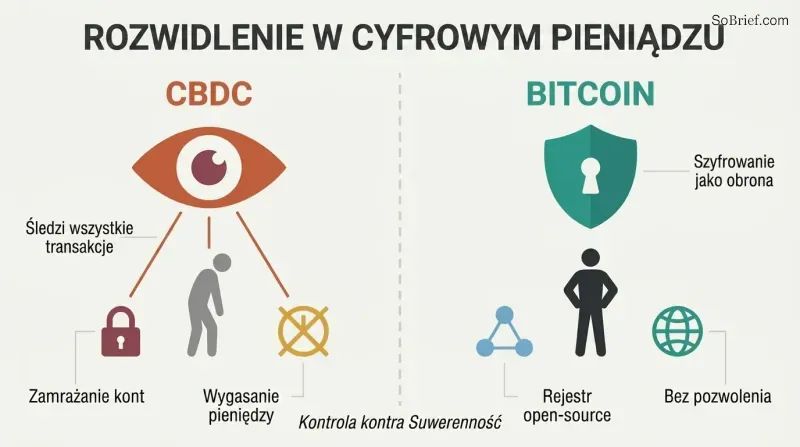 Split panel comparing CBDC surveillance with an eye monitoring transactions against Bitcoin privacy with an encrypted shield protecting a person silhouette.