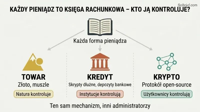 Three columns branching from a central ledger concept show commodity money controlled by nature, credit money controlled by institutions, and cryptocurrency controlled by users and code.