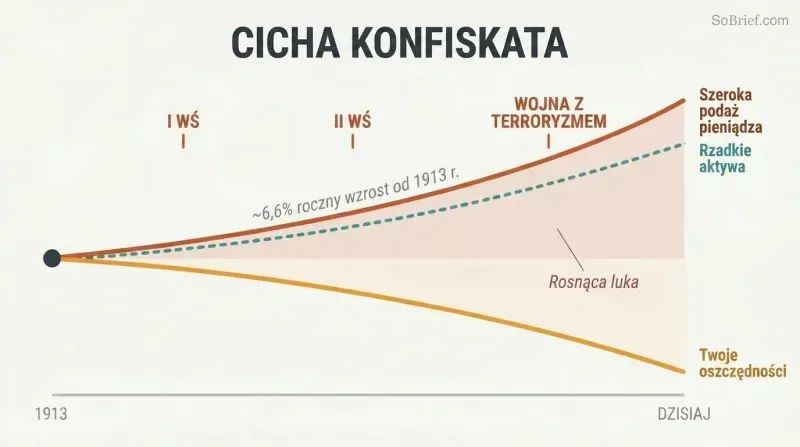 Diverging line chart showing broad money supply rising and savings purchasing power falling over time, with war and bailout events as catalysts along the timeline.