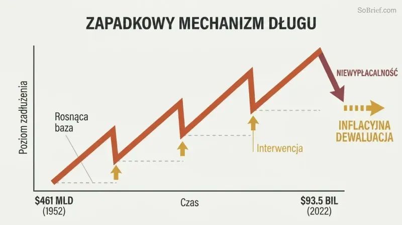 Rising sawtooth debt line ratcheting upward over seven decades, with each dip rescued by intervention, culminating in a fork between default and inflation.