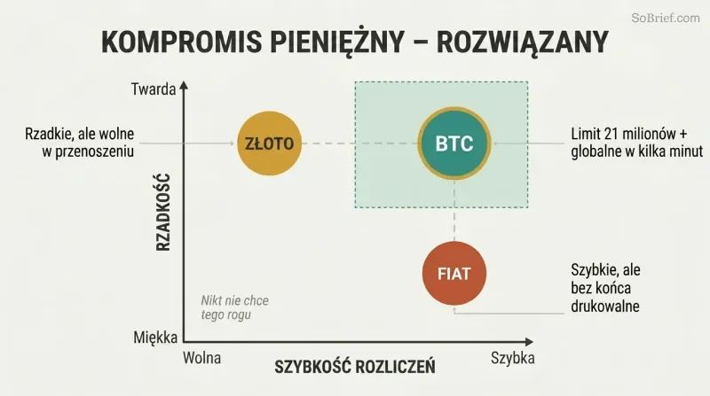 Two-axis chart plotting gold, digital fiat, and Bitcoin by scarcity and settlement speed, showing Bitcoin uniquely occupying the high-scarcity, high-speed position.