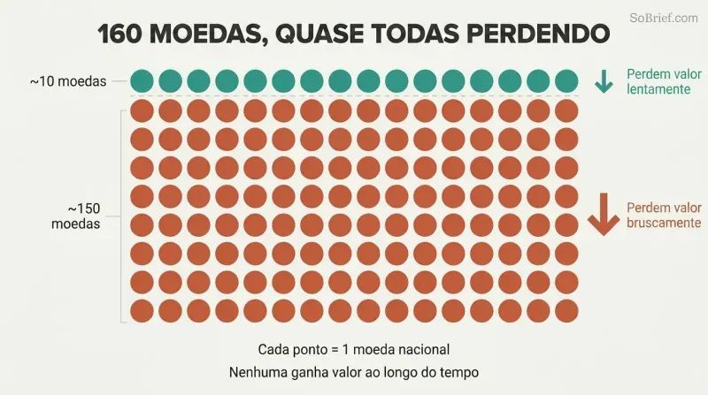 Proportional dot grid showing roughly 160 currency dots where a tiny cluster is teal for slow value loss and the vast majority are terracotta for sharp devaluation.