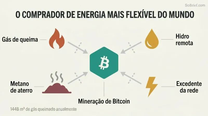 Hub-spoke diagram showing a central Bitcoin mining node absorbing energy from four surrounding stranded sources: flared gas, remote hydro, landfill methane, and grid surplus.