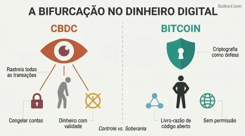 Split panel comparing CBDC surveillance with an eye monitoring transactions against Bitcoin privacy with an encrypted shield protecting a person silhouette.